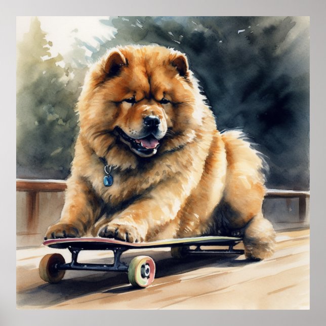 Poster chow chow chou mignon assis sur le skateboard (Devant)