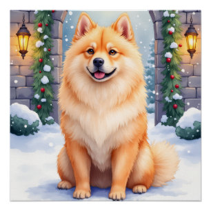 Poster Chow Chow Cour de pierre enneigé Noël Art