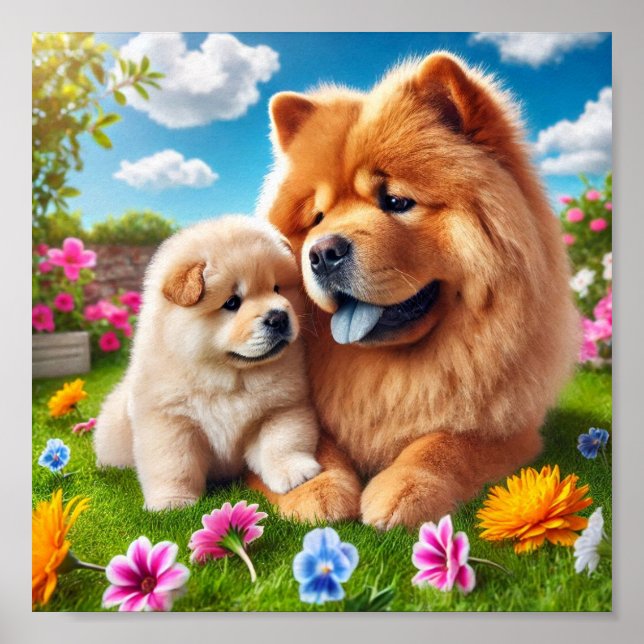 Poster Chow Chow maman et son chiot (Devant)