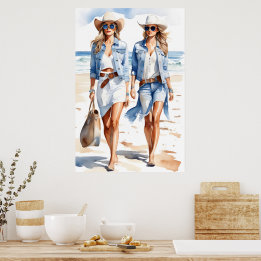Poster Chowgirls côtières Aquarelle bleue et blanche