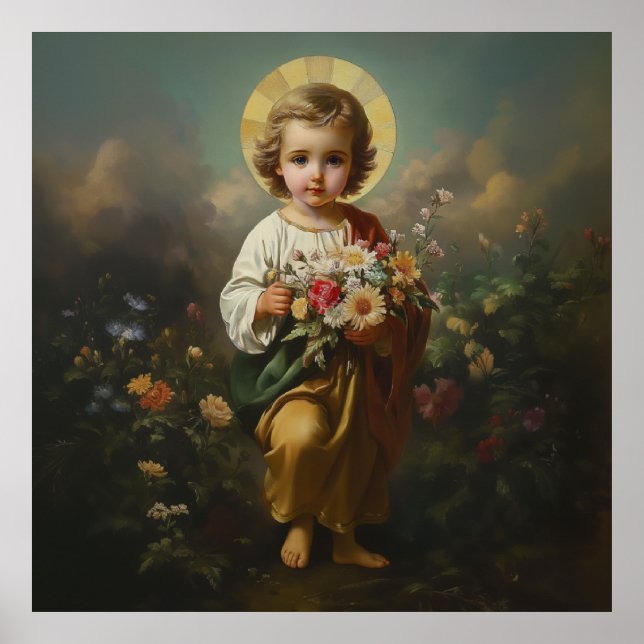 Poster Christ Enfant Jésus avec Fleurs Catholique Religie (Devant)