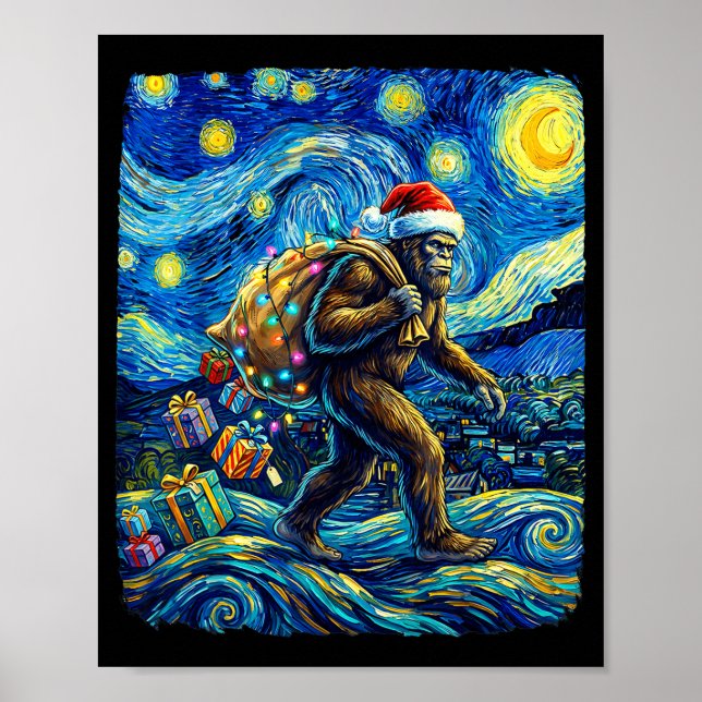 Poster Christmas Bigfoot Santa Hat Van Gogh Starry Night  (Devant)
