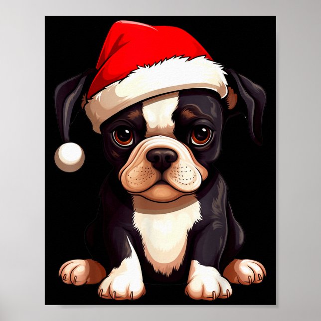 Poster Christmas Boston Terrier Dog Santa Hat Funny Xmas  (Devant)