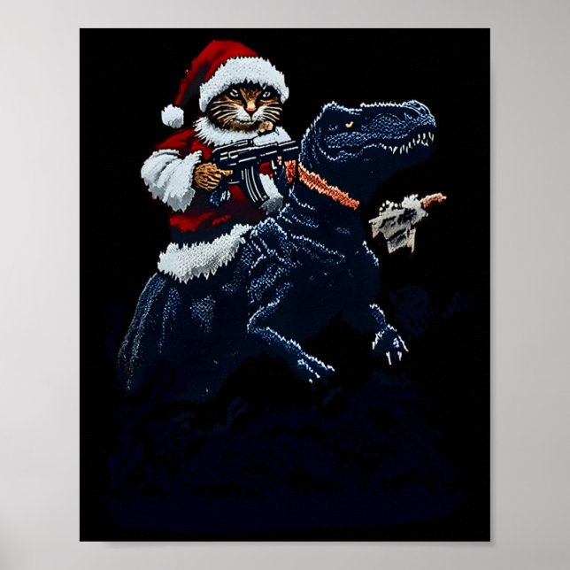 Poster Christmas Cat In Santa Hat Holding A Gun And Dinos (Devant)