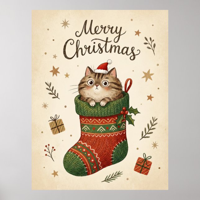 Poster Christmas Cat in Stocking (Devant)