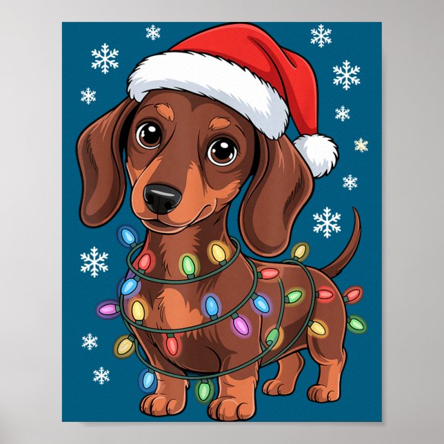 Poster Christmas Dachshund Lights Santa Hat Holiday Dog L (Devant)