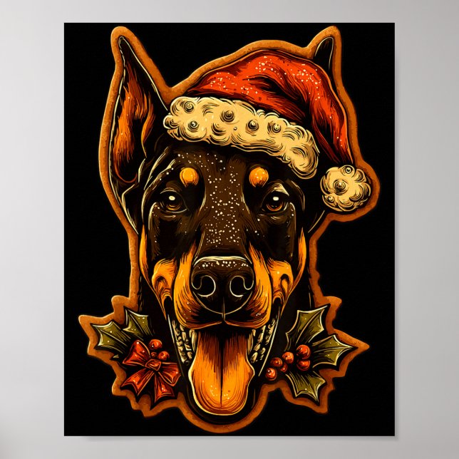 Poster Christmas Doberman Dog With Santa Hat Gingerbread  (Devant)