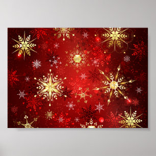 Poster Christmas Golden Snowflakes on Red Background