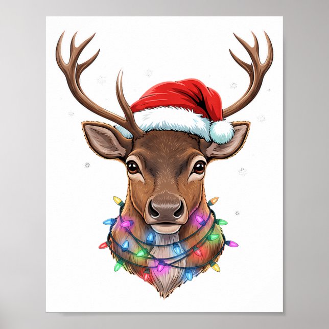 Poster Christmas Lights Reindeer Santa Hat Cute Xmas Paja (Devant)