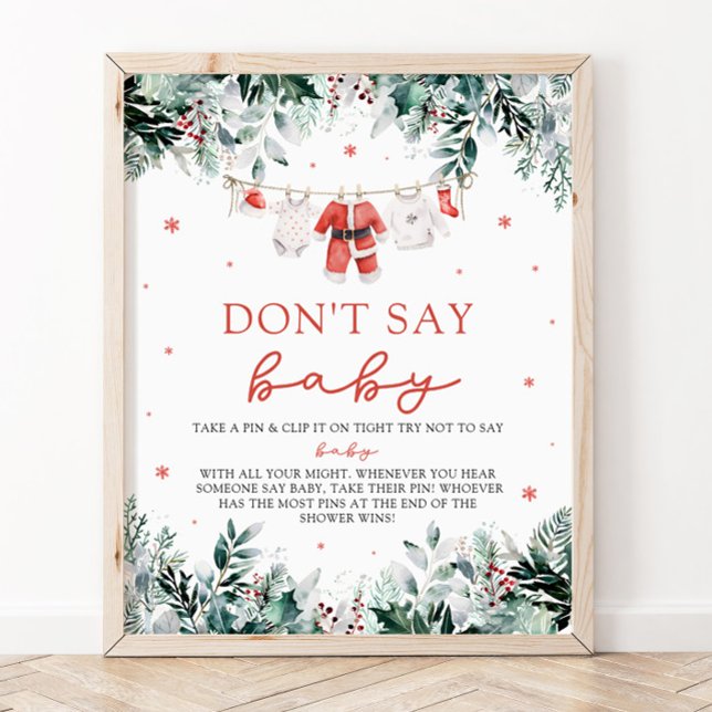 Poster Christmas Red Père Noël Baby Dont Dit Baby shower  (Watercolor Christmas Red Santa Baby Dont Say Baby Baby Shower Sign)