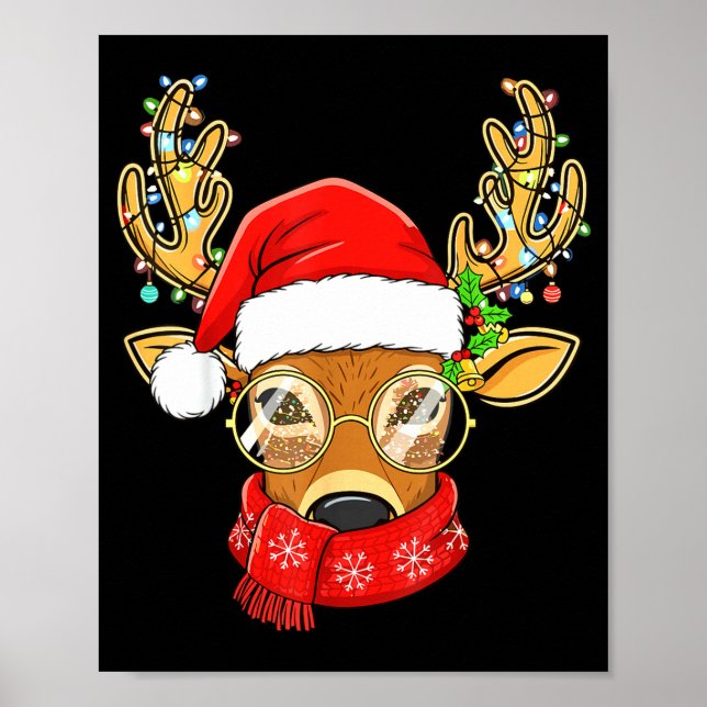 Poster Christmas Reindeer Lights Gles Santa Hat Deer Xmas (Devant)