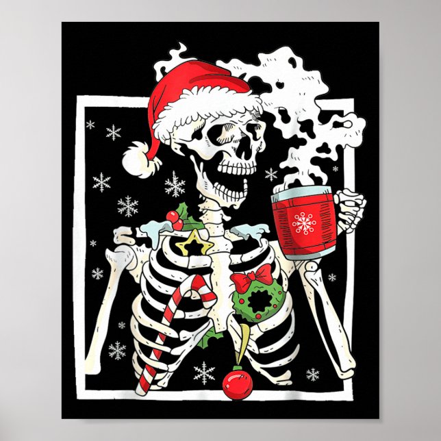 Poster Christmas Skeleton With Smiling Skull Drinking Cof (Devant)