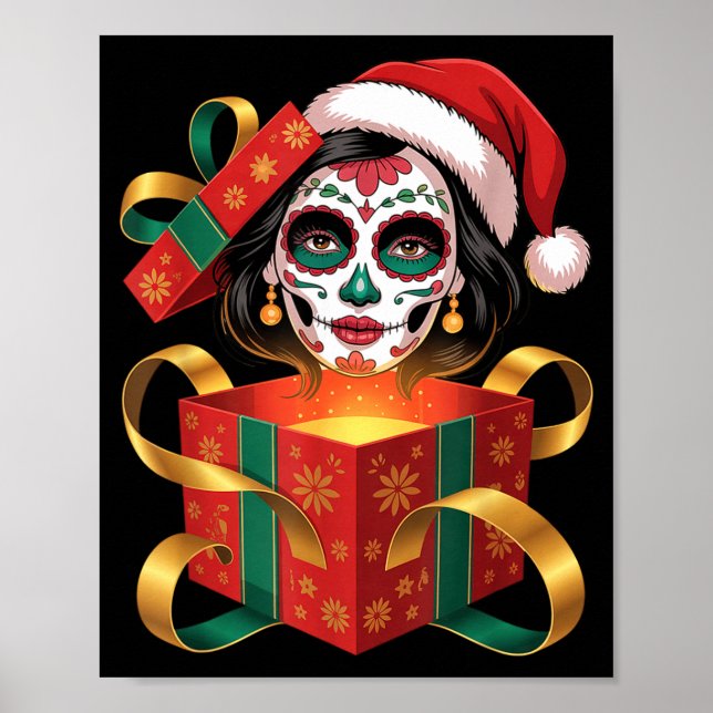 Poster Christmas Sugar Skull Art Woman Santa Hat Festive  (Devant)