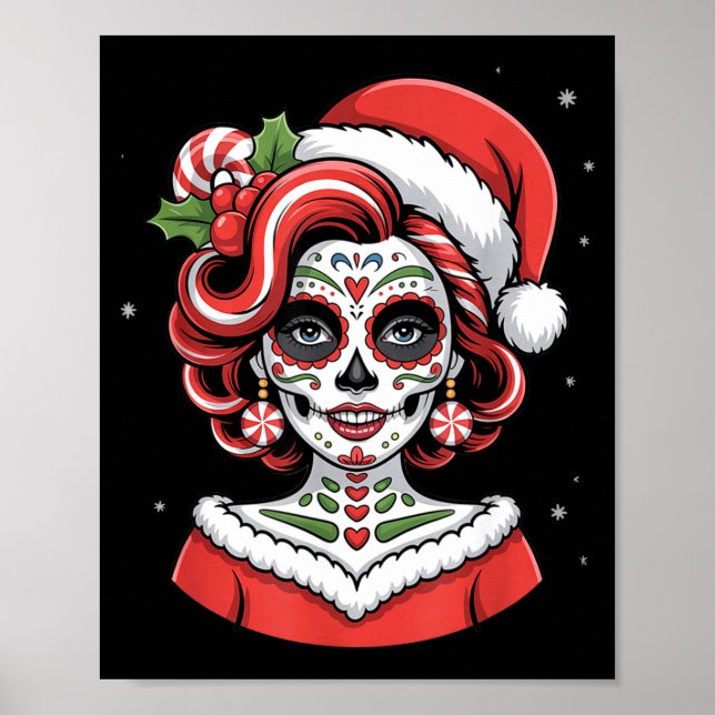 Poster Christmas Sugar Skull Art Woman Santa Hat Festive  (Devant)