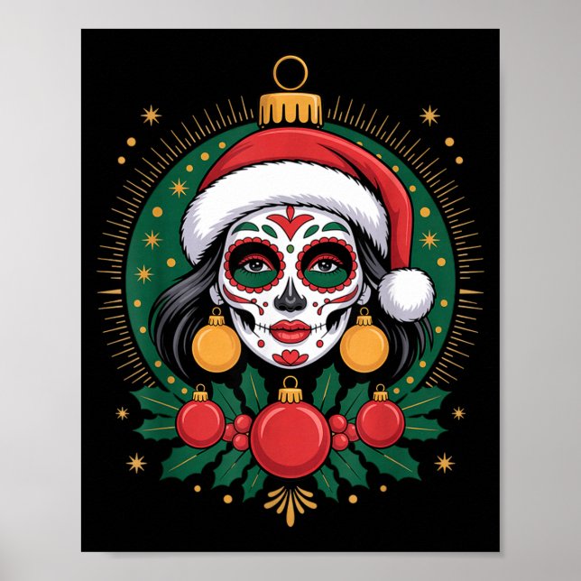 Poster Christmas Sugar Skull Art Woman Santa Hat Festive  (Devant)