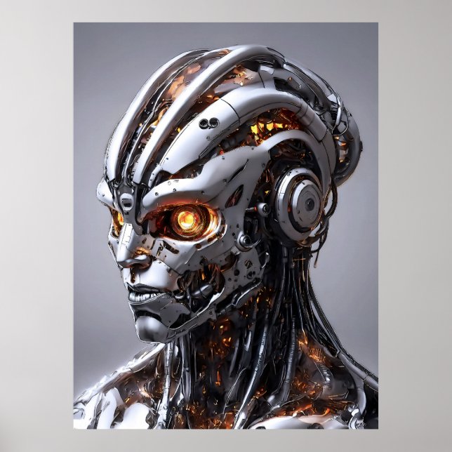 Poster Chrome Cyborg Orange Glow Sci-Fi AI Portrait (Devant)