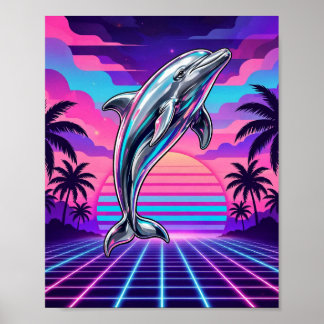 Poster Chrome Vaporwave Dauphin Rétro Coucher de Soleil