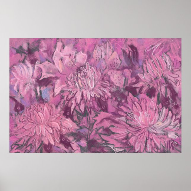 Poster Chrysanthème rose Fleurs Floral Pastel Peinture (Devant)