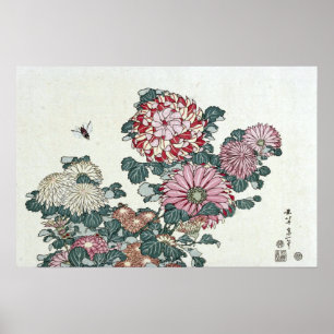 Poster Chrysanthèmes & Abeille, Art Japonais par Hokusai