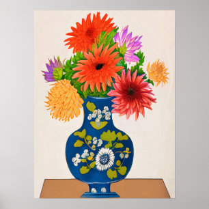 Poster Chrysanthèmes dans un vase chinois bleu