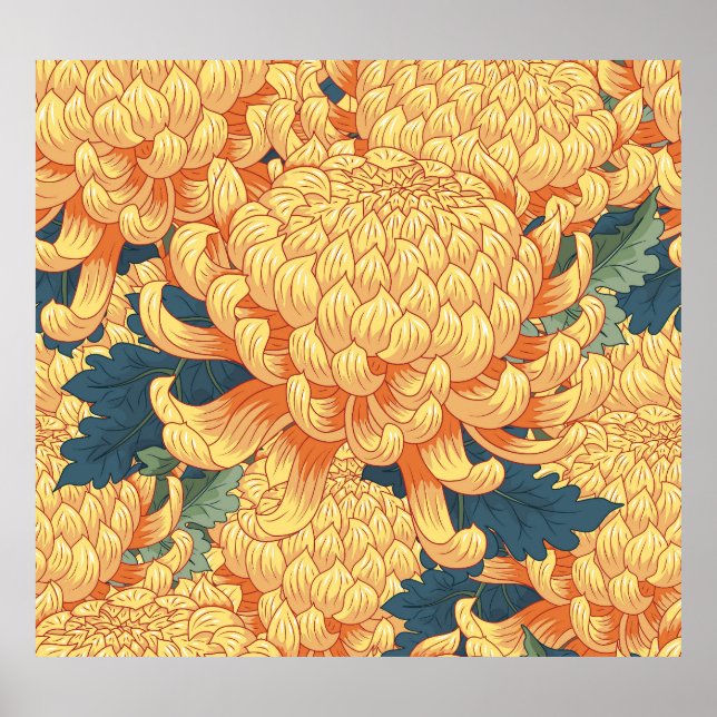 Poster Chrysanthèmes japonais : motif floral jaune. (Devant)