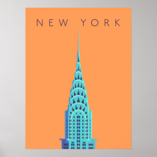 Poster Chrysler Building New York Art Deco - Text Orange