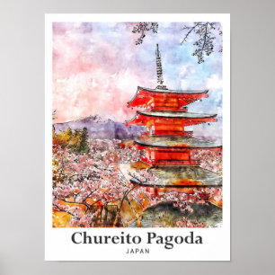 Poster Chureito Pagoda Japon Voyage Aquarelle main tirée