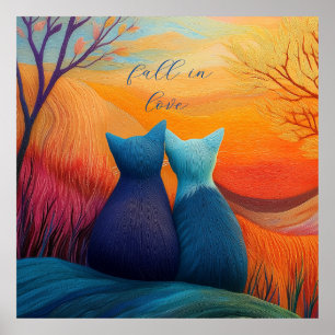 Poster Chute amoureuse, deux chats en laine et paysage d'