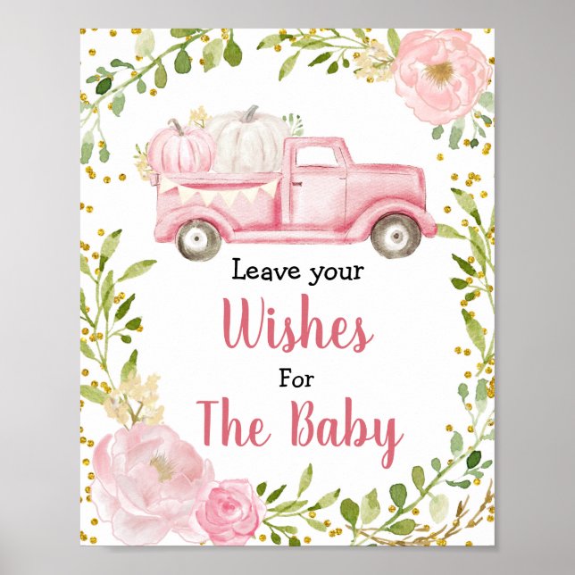 Poster Chute Citrouille rose Baby shower des souhaits pou (Devant)