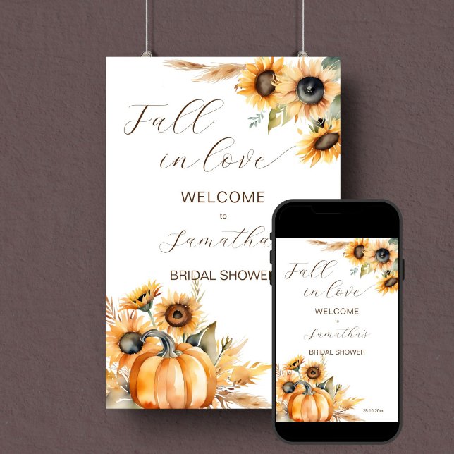 Poster Chute d'amour boho citrouille tournesol signe de b (Fall in love boho sunflowers pumpkin bridal shower welcome sign)