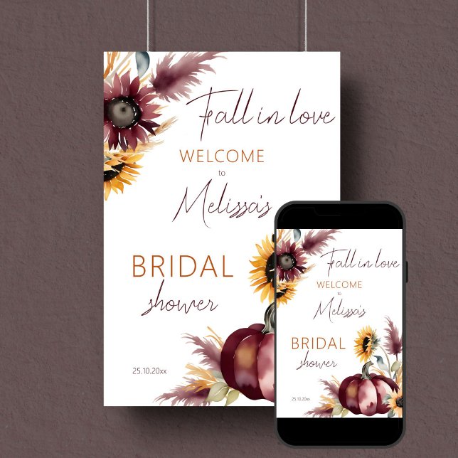Poster Chute d'amour boho citrouille tournesol signe de b (Fall in love boho pumpkin sunflowers bridal shower template welcome sign poster digital download)