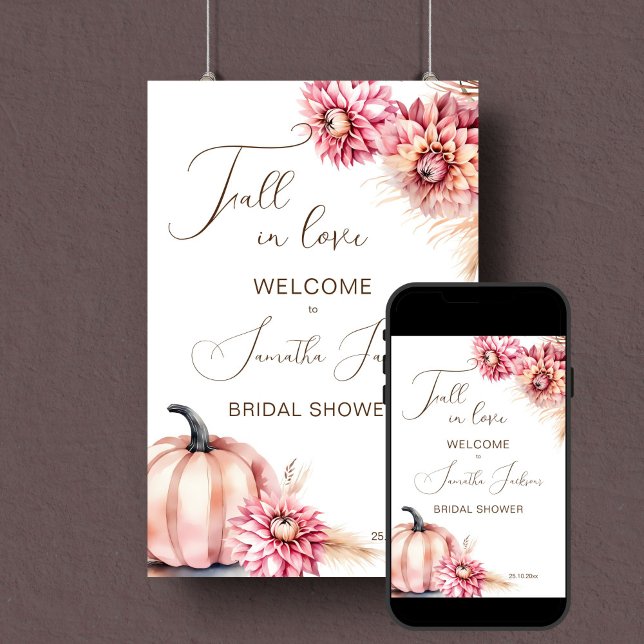 Poster Chute d'amour boho signe de bienvenue (Fall in love bridal shower welcome sign poster digital download earthy dusty pink pumpkin & dahlias)