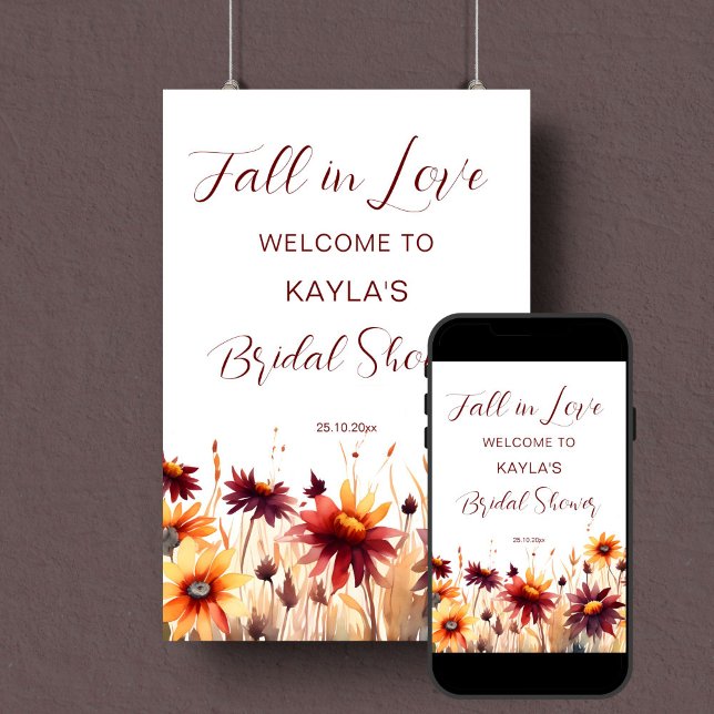 Poster Chute d'amour burgundy signe de bienvenue (Fall in love bridal shower welcome sign poster template  digital download burgundy dahlias daisies)