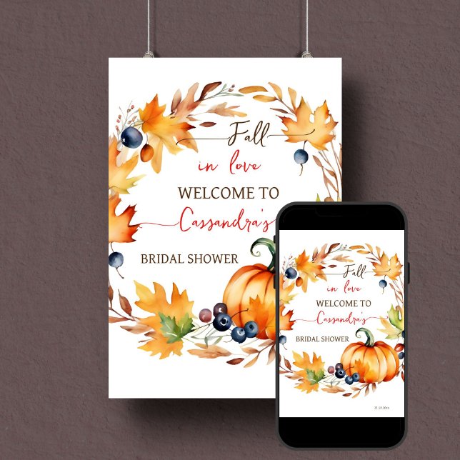 Poster Chute d'amour citrouille douche de nuptiale signe  (Fall in love bridal shower welcome sign template instant digital download pumpkin leaves wreath)