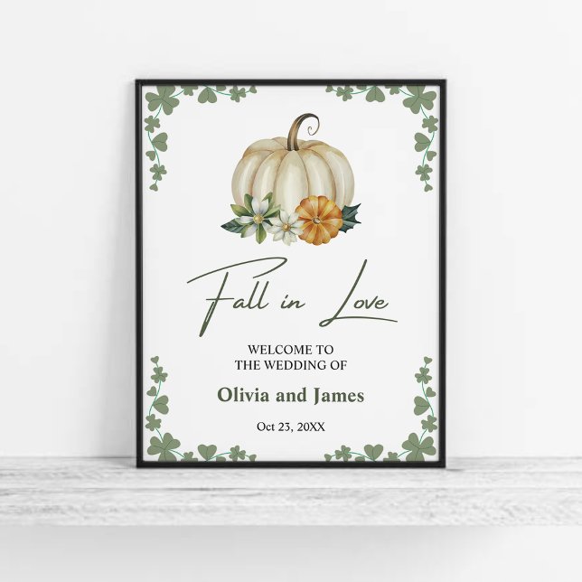 Poster Chute en amour Citrouille Sage Green Mariage Bienv (Fall in Love Pumpkin Greenery Sage Green Wedding Welcome Sign   )
