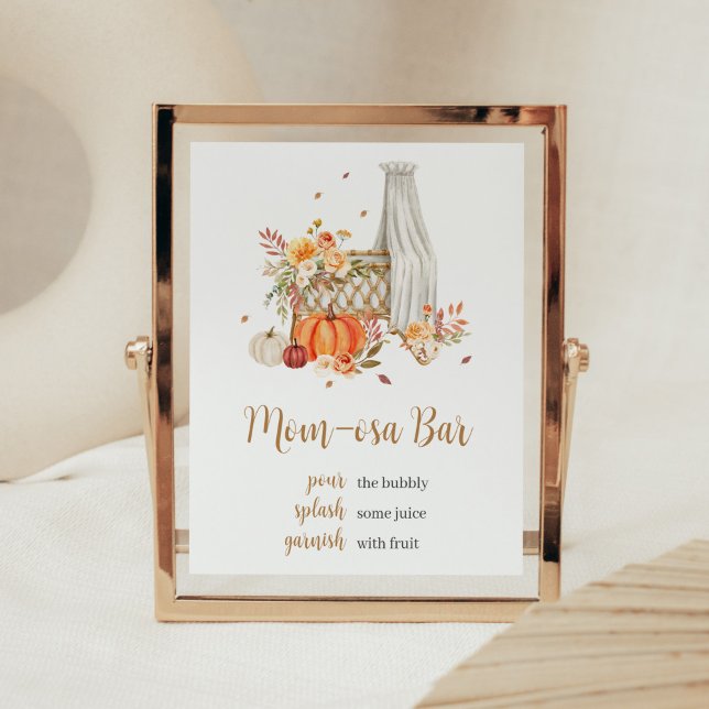 Poster Chute En Amour Orange Citrouille Maman Osa Bar Sig (Fall Floral Pumpkin Baby Shower Mom Osa Bar Sign)