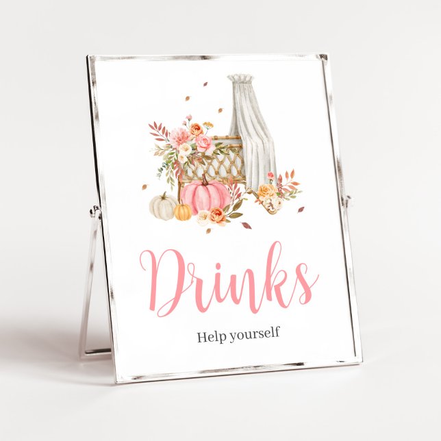 Poster Chute En Amour Pink Pumpkin Boissons Bébé Douche (Fall Autumn Pumpkin Baby Shower Drinks Sign)