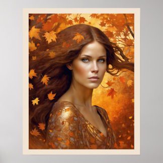 Poster Chute Femme dans le vent Feuille Orange Blue Eyes 