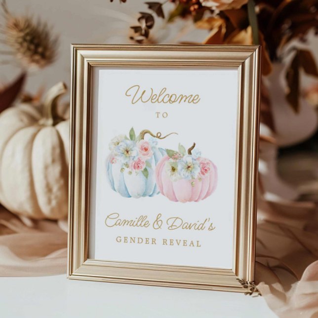Poster Chute rose et bleu Citrouille Révélation de genre  (Fall Gender Reveal Baby Shower Welcome Sign)