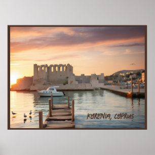 Poster Chypre Kyrenia Aquarelle croquis avec Yacht  