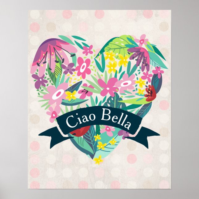Poster Ciao Bella Cute Coeur Floral sur Cercles roses (Devant)