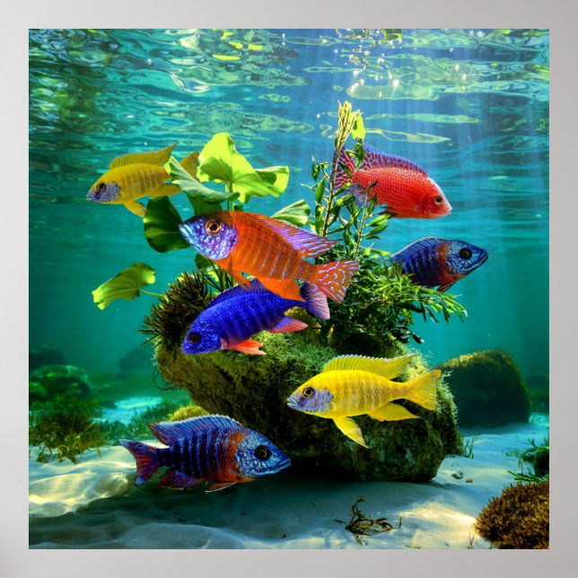 Poster Cichlids Africains Peacock Cichlid Aquarium Art (Devant)