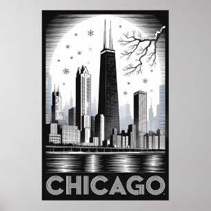 Poster Ciel de Chicago Illinois Gravure Noir Blanc