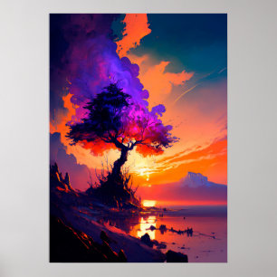 Poster Ciel de coucher orange sur l'eau avec arbre pourpr