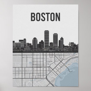 Poster Ciel de la ville de Boston Massachusetts avec cart