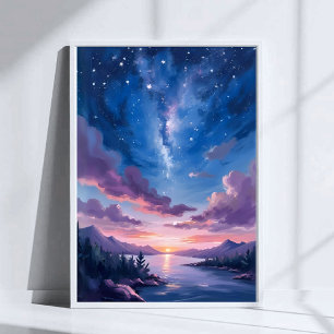 Poster Ciel de Nuit   Aquarelle Violette du Lac Étoilé