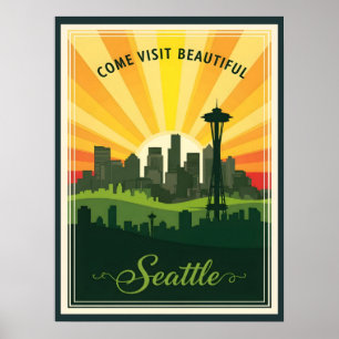 Poster Ciel de Seattle rétro avec aiguille spatiale au co