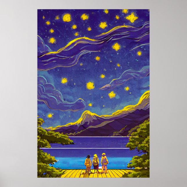 Poster Ciel Nightscape, Étoiles, Peinture Lake Retro (Devant)