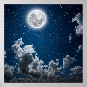 Poster Ciel nocturne avec étoiles et lune et nuages