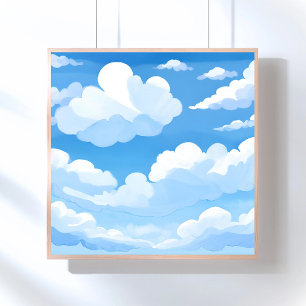 Poster Ciel plein de nuages   Aquarelle Peinture ciel ble